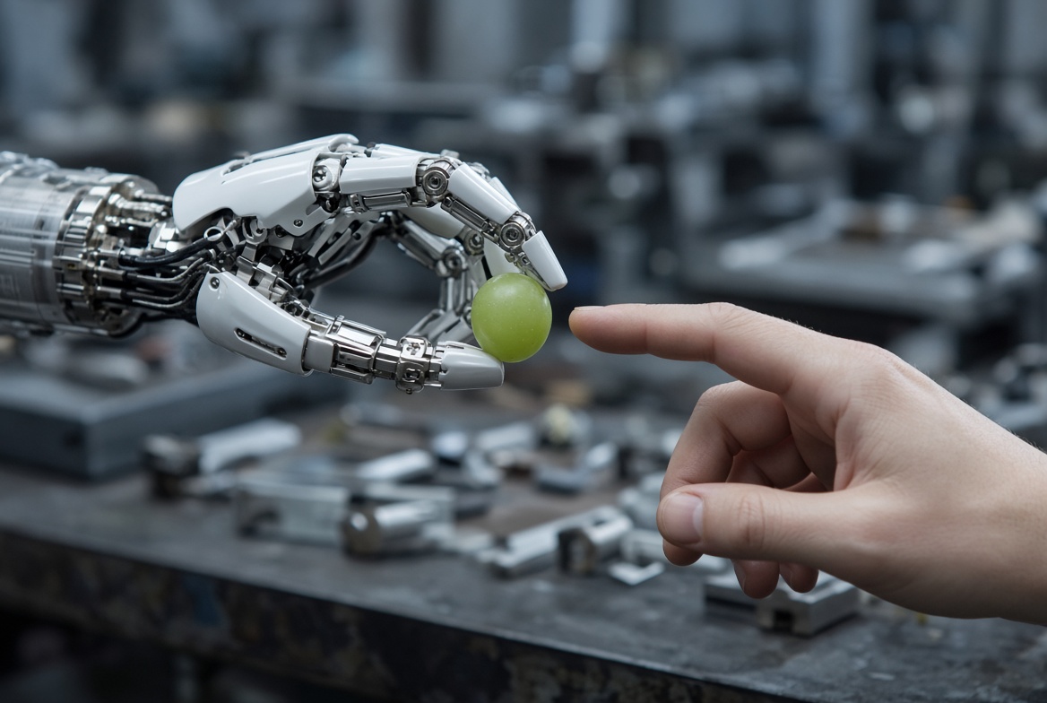 Robot hand with a grape beside a human hand.