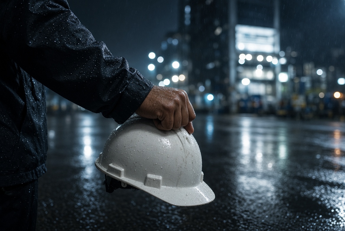 Helmet in hand in front of the plant.